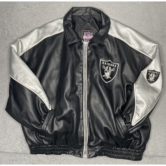 VTG 90s Oakland Raiders Rare Leather Bomber Jacket Game‎ Day Essex MFG Mens XL - Picture 2 of 16